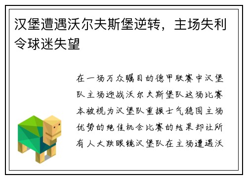 汉堡遭遇沃尔夫斯堡逆转，主场失利令球迷失望